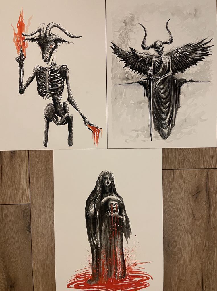 DeathEmbraceMe's tweet photo. Hey . Here is few pieces which are going on #sale at my #etsy #store. #art #ink #artforsale #goat #angelofdeath #skeletons #drawing #illustration #illustrator #illustrations #artwork #horror #macabre #darkart #traditionalart #fineart #originalart #skull https://t.co/tixNs0ZWbj