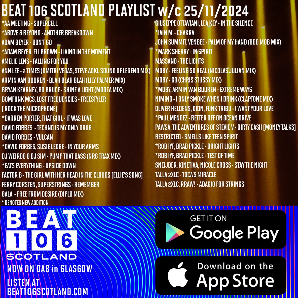 Beat 106 Scotland www.beat106scotland.com (@beat106scotland) on Twitter photo It's the new <a href="/beat106scotland/">Beat 106 Scotland www.beat106scotland.com</a> playlist with adds for...
<a href="/thisisaameeting/">AA Meeting</a> <a href="/djjohnaskew/">John Askew</a> @ActivaMusic <a href="/aboveandbeyond/">Above & Beyond</a> <a href="/realAdamBeyer/">Adam Beyer</a> <a href="/Elibrownbeats/">Eli Brown</a> <a href="/Darren_Porter/">Darren Porter</a> <a href="/ThatGirl_SA/">That Girl</a> <a href="/djdavidforbes/">David Forbes</a> <a href="/SusieLedge/">Susie Ledge</a> <a href="/eats_everything/">TwEats Everything</a> <a href="/IainM01/">Iain M</a> <a href="/marksherry/">Mark Sherry</a> <a href="/thelittleidiot/">moby XⓋX</a> <a href="/arminvanbuuren/">Armin van Buuren</a> It's the new <a href="/beat106scotland/">Beat 106 Scotland www.beat106scotland.com</a> playlist with adds for...
<a href="/thisisaameeting/">AA Meeting</a> <a href="/djjohnaskew/">John Askew</a> @ActivaMusic <a href="/aboveandbeyond/">Above & Beyond</a> <a href="/realAdamBeyer/">Adam Beyer</a> <a href="/Elibrownbeats/">Eli Brown</a> <a href="/Darren_Porter/">Darren Porter</a> <a href="/ThatGirl_SA/">That Girl</a> <a href="/djdavidforbes/">David Forbes</a> <a href="/SusieLedge/">Susie Ledge</a> <a href="/eats_everything/">TwEats Everything</a> <a href="/IainM01/">Iain M</a> <a href="/marksherry/">Mark Sherry</a> <a href="/thelittleidiot/">moby XⓋX</a> <a href="/arminvanbuuren/">Armin van Buuren</a>