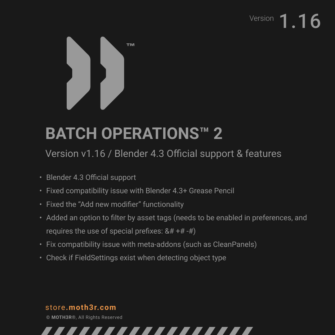 moth3r's tweet photo. BATCH OPERATIONS™ v1.16 introduces official support for the new Blender 4.3.0, with some new features and bug fixes. 

https://t.co/JxZaipRMiN
https://t.co/9tWlQpjSa4

#b3d #addon #batchops #addons https://t.co/v5Kmo7LOti
