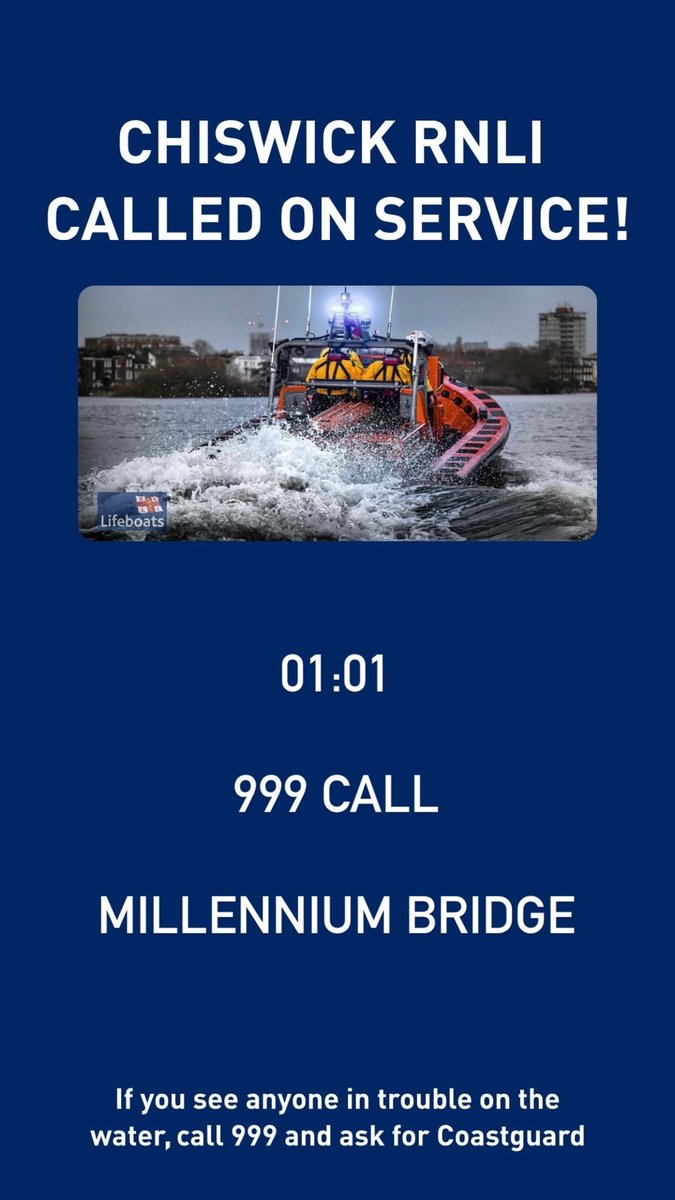 ChiswickRNLI's tweet photo. Chiswick lifeboat launched on service!

(Click picture for details - #MilleniumBridge)

#SAR 
#Lifeboat 
#London 
#RNLI 
@RNLI 
#Rescue 
#savinglivesatsea https://t.co/D25Z11tlXL