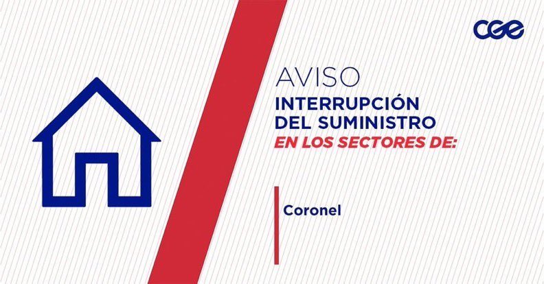 Informamos a nuestros clientes de los sectores de Río Cisnes, Calle Marihueñu, Avenida Federico Schwager, Calle Millarapue, Ayinko y aledaños, comuna de #Coronel, la interrupción del suministro eléctrico. Nuestro personal de emergencia ya está informado.