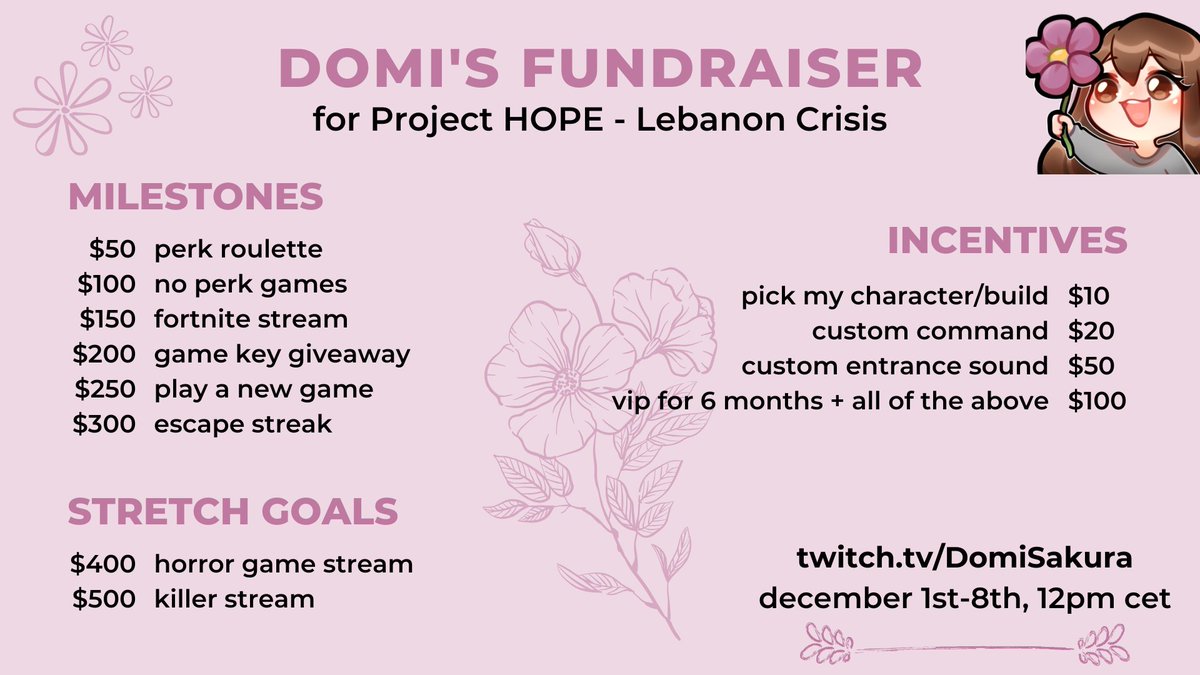 DomiSakura's tweet image. week-long fundraiser starting next sunday, december 1st, at 12pm cet 🤍

we will be fundraising for @projecthopeorg's Lebanon Crisis event!

retweets appreciated 🤍