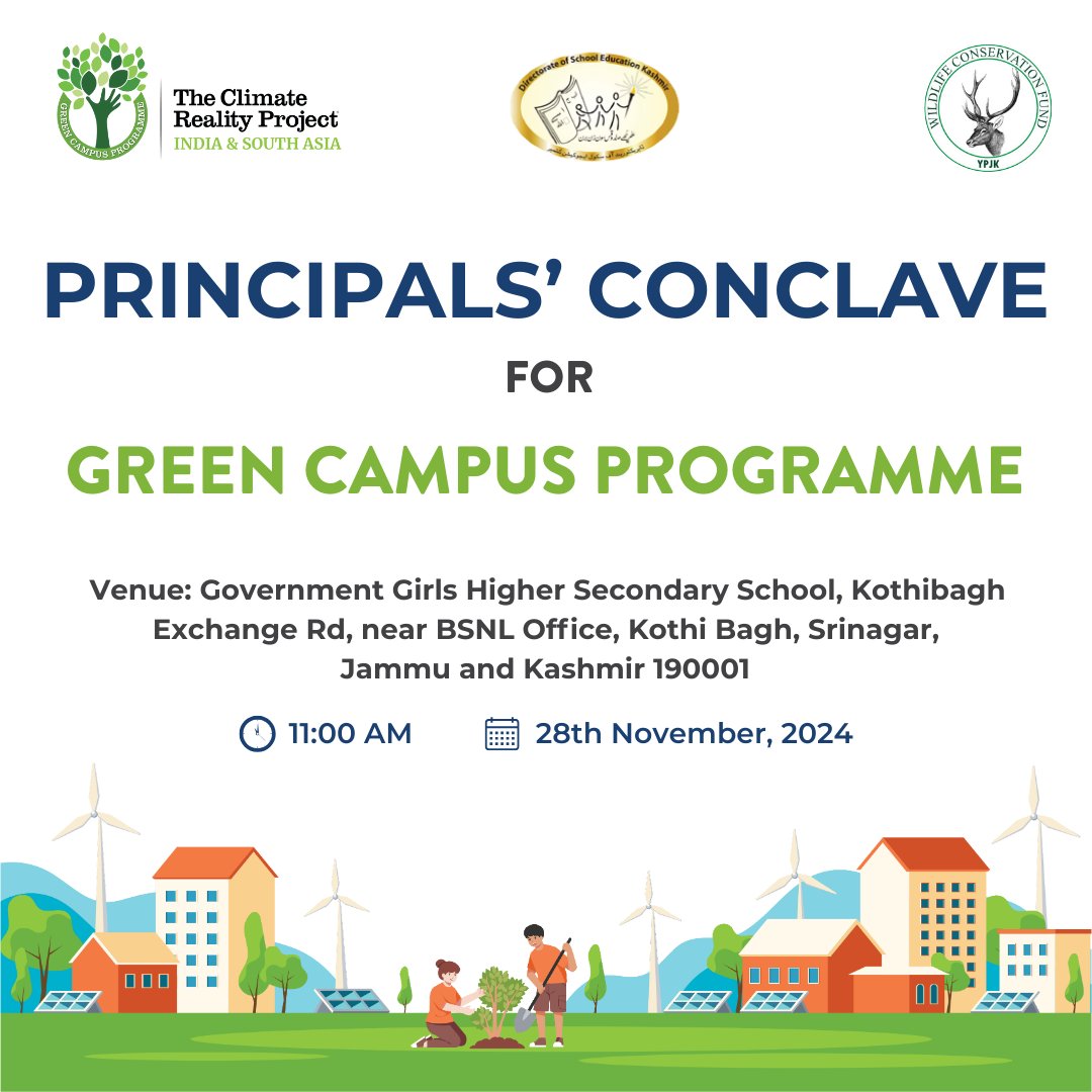 CR_INDSA's tweet image. Hello Kashmir! Inviting all Principals/Deans/HODs of schools, colleges and universities, and government officials for Principals&apos; Conclave, on 28th November, 2024.
.
#SustainabilityEducation #GreenCampuses #GreenCampusProgramme #campaigngreencampus #greencampusschool