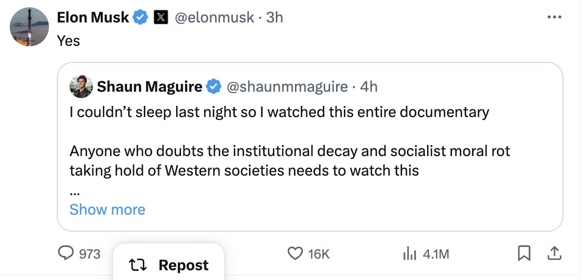 Difficult to describe what a dangerous moment we are in.

The owner of this site/richest man in the world/closest adviser to the next president is promoting a Tommy Robinson (!) documentary to his 200 million followers.

This is the mainstreaming of violent, Islamophobic fascism.