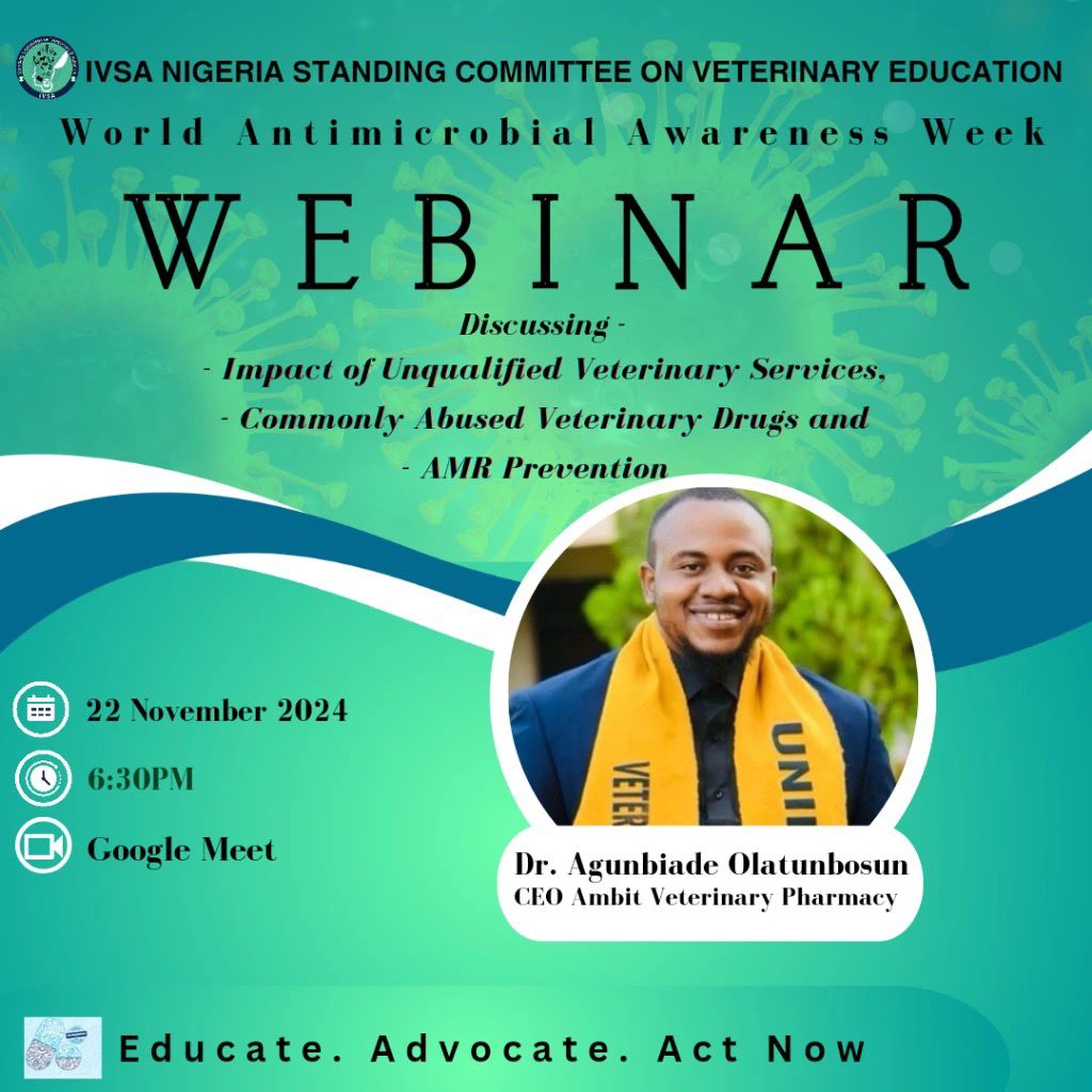 tunbosun_19's tweet photo. I was invited to speak on the innovation and challenges in Nigerian veterinary Pharmaceuticals by @Farmalert_ng also to commemorate the WAAW @IVSANigeria, I spoke on the impact of unqualified veterinary services, abused drugs and AMR 

Watch:
https://t.co/rpKlTDaP2c https://t.co/z0apmYmPK3