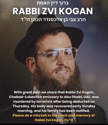 Rabbi Zvi Kogan was kidnapped and killed for no other reason than being Jewish.  Think about that, and ask yourself who we are as a society?

Do not stay silent in the face of this horrific and violent anti-semitism.  Silence is being complicit in the face of evil.  We must rise