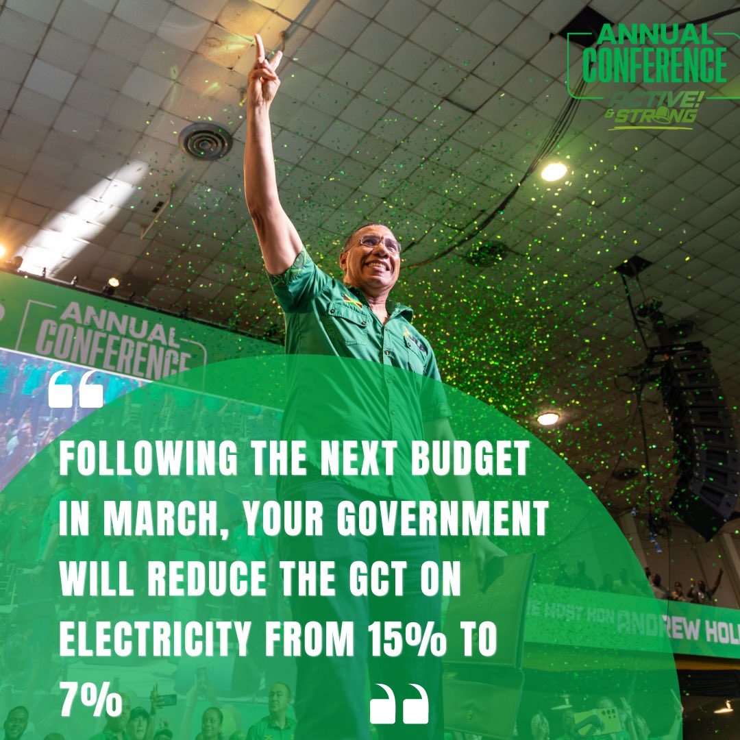 AndrewHolnessJM's tweet photo. #Electricity Great news for all Jamaicans! 🇯🇲

Following the next budget in March, your government will reduce the GCT on electricity from 15% to 7%, providing much-needed relief for our people. ✌🏾🔔

#CaringForYou #ActiveAndStrong https://t.co/IvHVMT7m1J