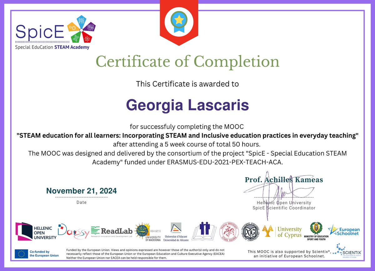 Proud to have completed the "SPICE-STEAM Education for All Learners" MOOC by <a href="/SpicEacademyEU/">SpicE Academy</a>  &amp; <a href="/Scientix/">Scientix</a>! 
👉integrate #STEAM into #inclusiveteachingenvironments to support all learners, including  #specialeducationalneeds‼️