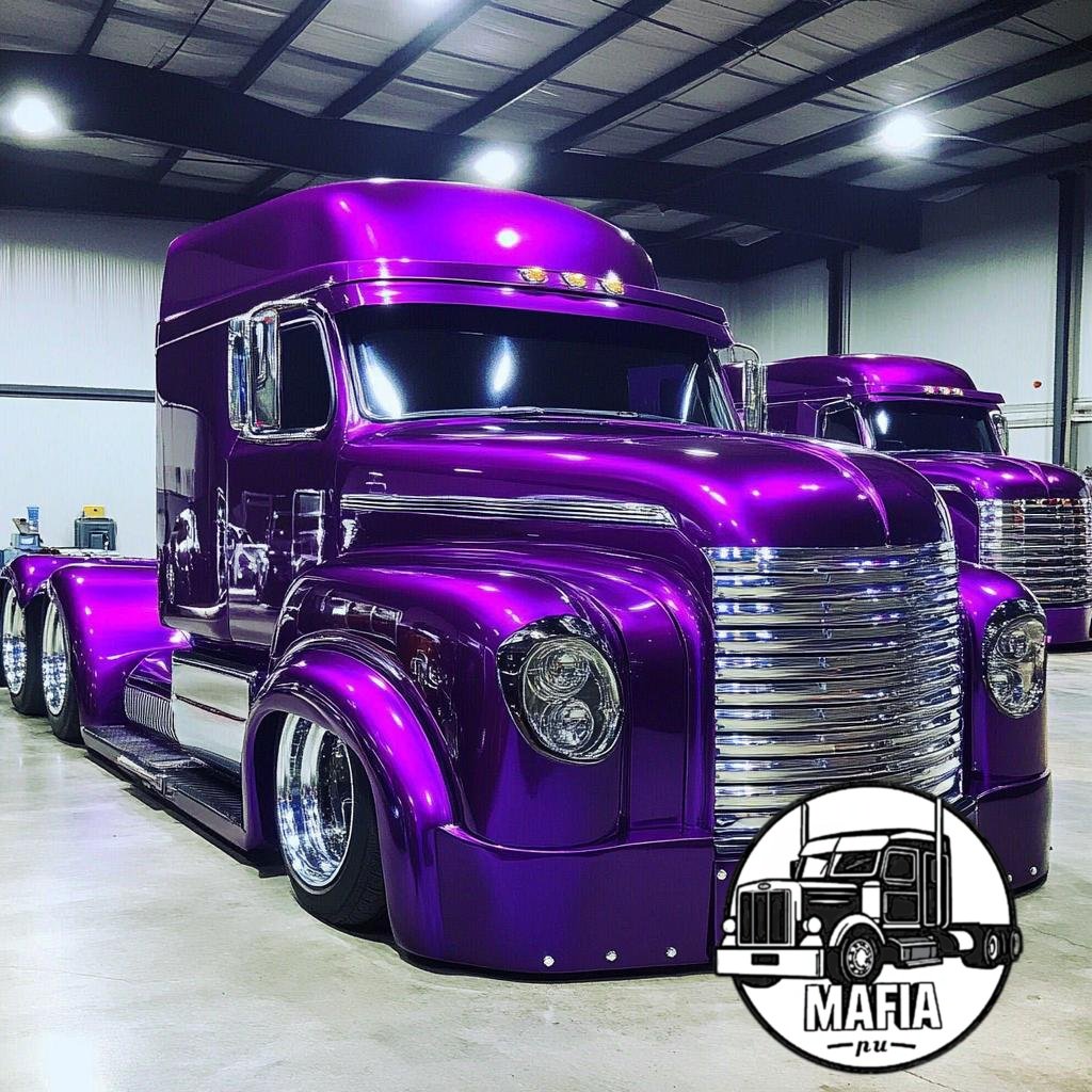 TruckersRule's tweet photo. Does anybody else love purple 💜 ?

💜🚚 When your truck is more fabulous than your wardrobe, you know you’ve arrived! 

#Aiart #ai #digitalart #trucking 
#TruckGoals #MafiaStyle #PurplePower #CustomRides https://t.co/h1lPKx1Ukl