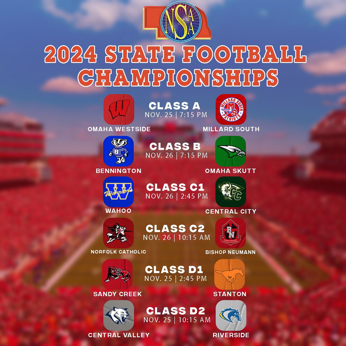 UNLimitedSport3's tweet photo. The NSAA State Football Championship games take place at Memorial Stadium on Monday and Tuesday! 🏈🏟️ https://t.co/a1lsVym1es