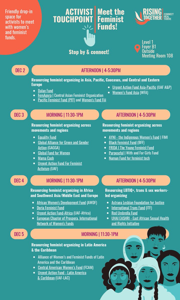 Meet your Feminist Funders at <a href="/AWID/">AWID</a> 👋
Stob by at "Activist Touchpoint" &amp; let's connect over what drives our fierce movement of women #activists and #feminists from all over the world. 🤩
Click to view Program &amp; we look forward to seeing you there.