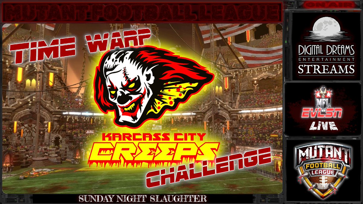 MutantFootball's tweet photo. HELL-o all you explosively ecstatic #FANATiCS #Followers and #Topfans!

It's Sunday, Bloody Sunday once again, and that means another #SundayNightSlaughter is on the table!

Tonight's slaughter is off to an early start at 2:00PM-MST with our first #Premier #Matchup of the day seeing the  Cardinal Sins entering Hard Crash Field the solid state of Microhard, Moshington to see how they handle the Microhard Mutilators!

https://t.co/p9Z6HRffDI

Then, join us for our second #Premier #Matchup as the Killadelphia Evils enter Los Scandalous Shake N Bake Arena, located in Los Scandalous, Crazedzonia to face the Los Scandalous Damned at 6:00PM-MST!

https://t.co/DkVl9K9oA8

And, of course, no Sunday Night Slaughter would be complete without dessert, so be sure to show up at 7:00PM-MST when Digital Dreams Entertainment Inc. #Streams #TheMFL on #EVLSN #LiVE as the current, consecutive, wo time Mayhem Bowl Champions of the Galaxy break off another #TimeWarp #Challenge, taking on the winners of both of today's premier matches in an attempt to show 'em exactly why the Karcass City Creeps are still the champs!

https://t.co/7pDpBhU1T7