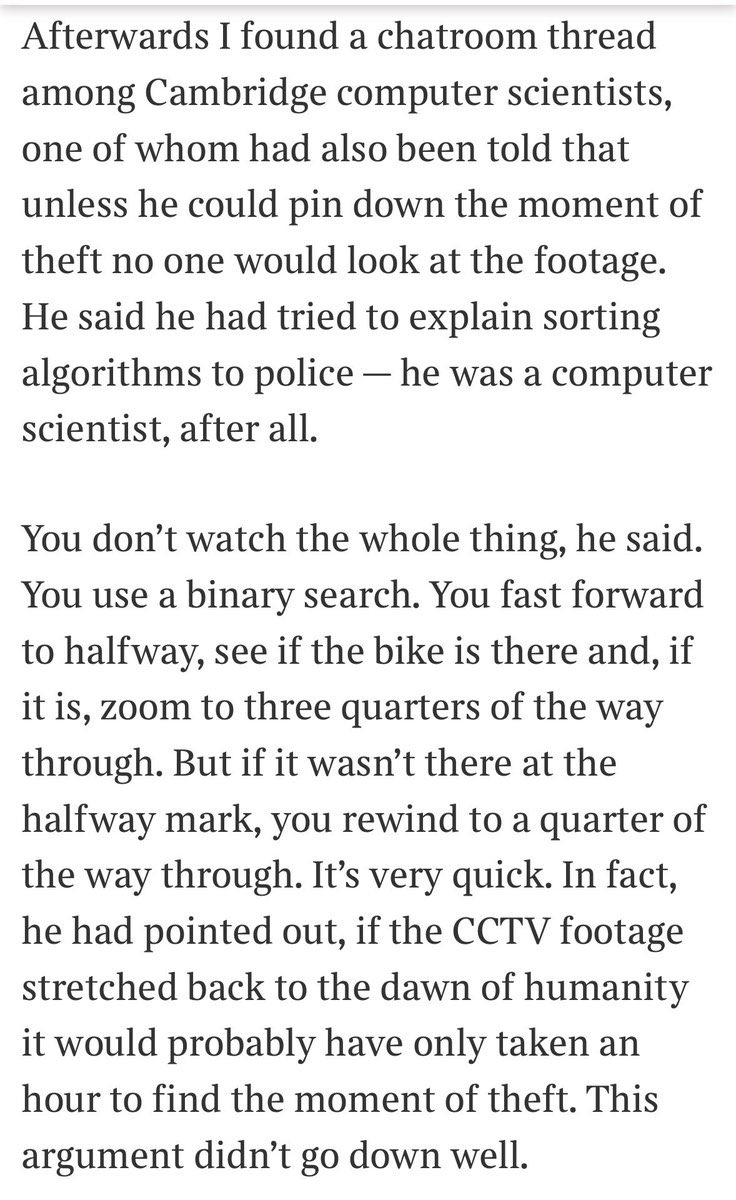 Reminds me of the time a computer scientist who had his bike stolen tried to explain binary search to a cop 😂