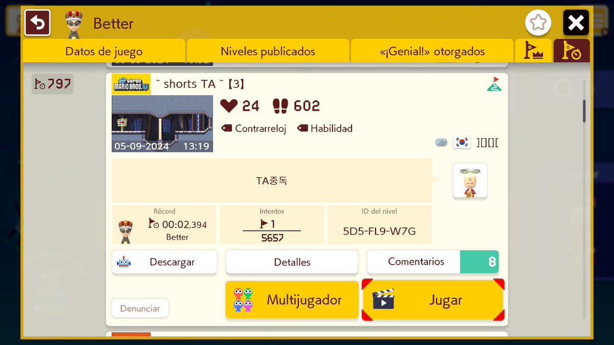 This player called Better is a cheater. He hacked clears on some levels with impossible or cheated WRs, with some examples shown here. The real Lethal Ejection WR is 23.633 by me and the other 3 levels have blatant impossible times.
Please report him if you can to get him banned.
