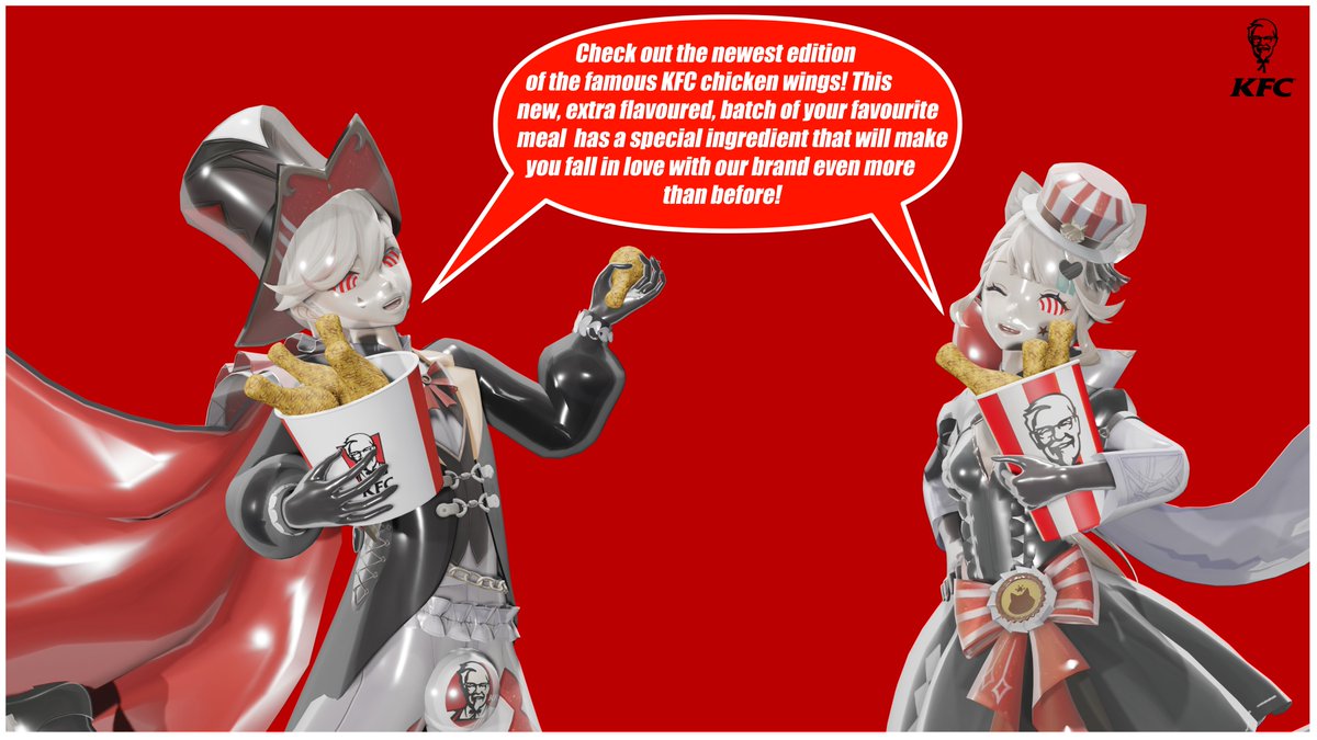 SqueakyRay's tweet photo. Winner of the previous month's poll - Lyney and Lynette brandwashed into a glorified ad for KFC! Cursed concept, ESPECIALLY with the existance of the "Colonulge" but this is brandwashing we're talking about lol. https://t.co/VtQ1Mrbhab