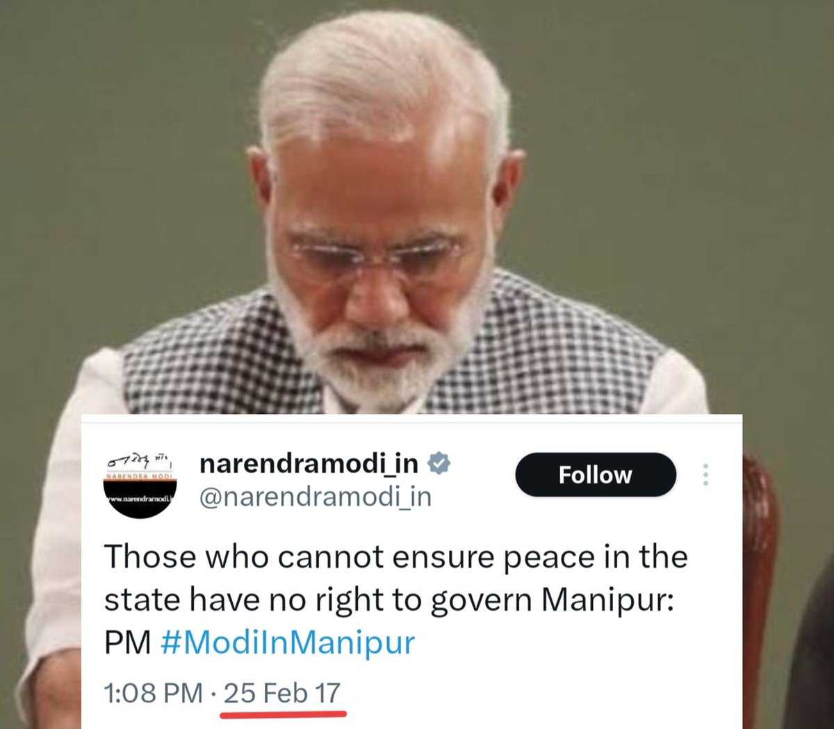 Lin_Luwang's tweet photo. @Bimol_Akoijam We agree 💯
Modi is a time traveler. He predicted his governance in Manipur way back in 2017.  

Modi hai toh predict kar sakte hai! https://t.co/x40mms2dWd