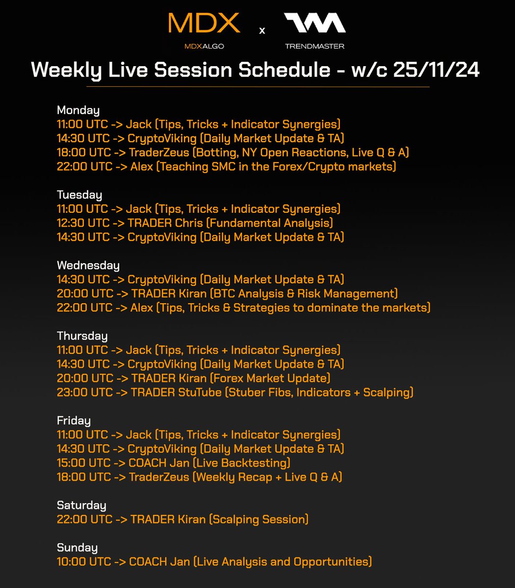 Ready to level up your trading this week?

Our weekly mentorship schedule is packed with exclusive sessions.

From top mentors who guide you through market trends, strategies, signals and our indicators.

Don’t miss out, join the VIP group and get ahead of the game -