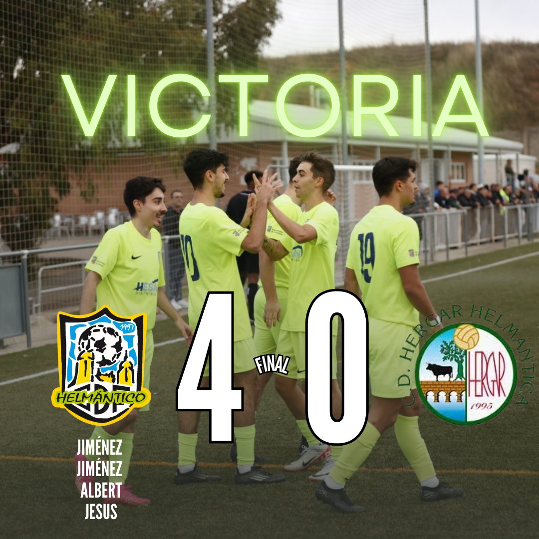 CDFHelmantico's tweet photo. ¡Dominio absoluto! El primer equipo brilla con un contundente 4-0 frente al Hergar Helmántica. Doblete de Jiménez, goles de Albert y Jesús sellan la victoria.💚
#TodoAlVerde #VamosVerdes #helmántico https://t.co/SJzfOlzh12