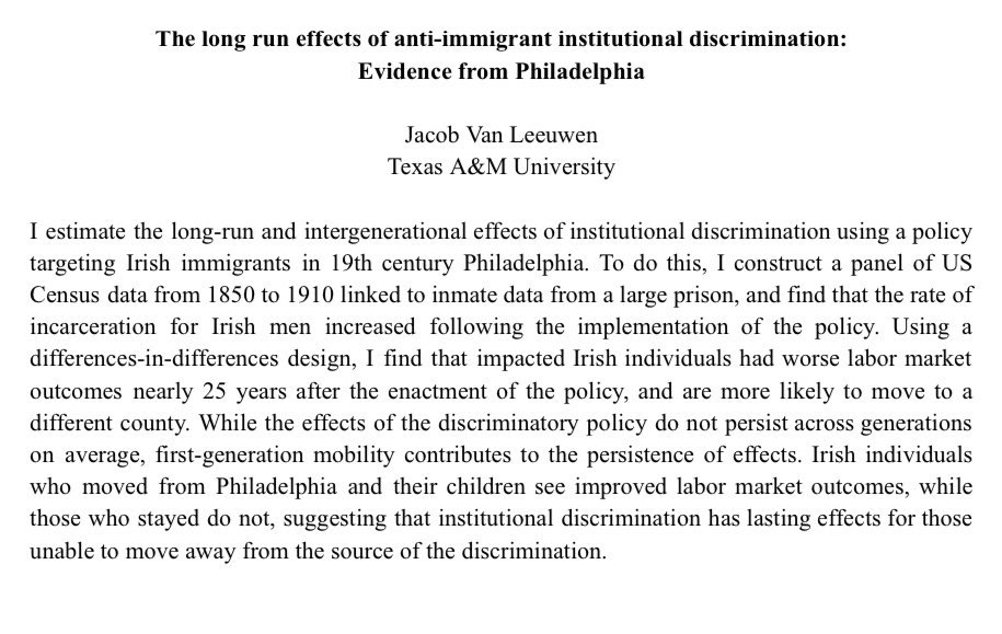 Jacob Van Leeuwen (@jacobvanecon) on Twitter photo I'm on the job market this year! My #EconJMP examines the long run and intergenerational impacts of institutional discrimination against immigrants.  Here's a thread of what I find (1/8)🧵
#EconJobMarket #econtwitter I'm on the job market this year! My #EconJMP examines the long run and intergenerational impacts of institutional discrimination against immigrants.  Here's a thread of what I find (1/8)🧵
#EconJobMarket #econtwitter