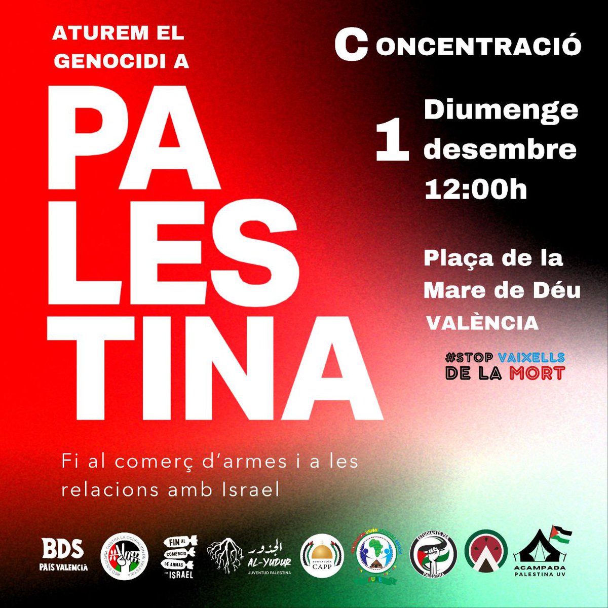 📢 🇵🇸 Sumem noves convocants per a la pròxima Concentració per Palestina a València!

📍Ens veiem diumenge 1 de desembre, a les 12h, a la Plaça de la Mare de Déu de València!