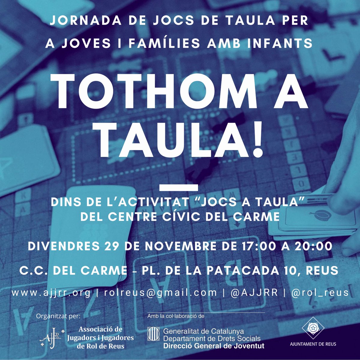 AJJRR's tweet photo. El divendres 29 de novembre de 17h a 20h organitzarem  al CC del Carme una  nova sessió del Tothom a Taula, una jornada de jocs de taula per a famílies amb infants a partir de 5 anys,  dins de la l'activitat Jocs a Taula del Centre Cívic . Us hi esperem! https://t.co/pZjBDg5k5F