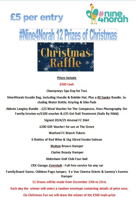 Less than 3 weeks into we begin the annual Nine4Norah Christmas Raffle.

Plenty of tonnes to grab your tickets and be in with a chance to win some amazing prizes whilst supporting side incredible charities. 

To enter, please comment below or message me on 07468369611 🫶🏼👼