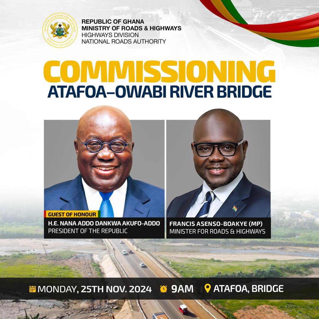 EhoenamA's tweet image. Join us tomorrow for the commissioning of the Atafoa-Owabi River Bridge in Bantama, led by President @NAkufoAddo. This significant project marks a crucial step towards enhancing our infrastructure and promoting development in the region.

#RoadsForDevelopment
#ItIsPossible