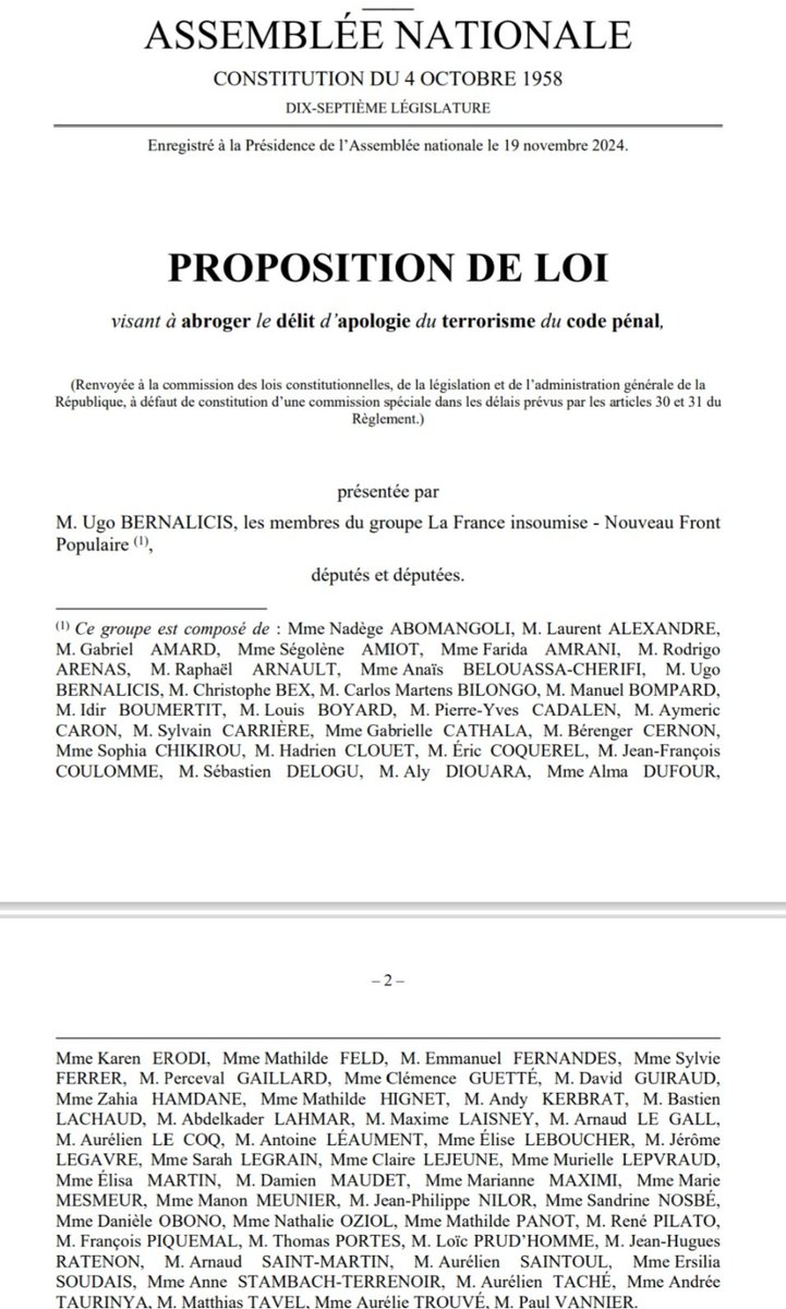 JOBIC Cyril (@cyriljobic) on Twitter photo Un projet de loi pour faire abroger le délit d'apologie du terrorisme! 😱
Affligeant pour notre Pays et désolant pour notre @circo2204 de voir la Députée de Guingamp <a href="/MLepvraud/">Murielle Lepvraud</a> signer ce projet de loi honteux Un projet de loi pour faire abroger le délit d'apologie du terrorisme! 😱
Affligeant pour notre Pays et désolant pour notre @circo2204 de voir la Députée de Guingamp <a href="/MLepvraud/">Murielle Lepvraud</a> signer ce projet de loi honteux