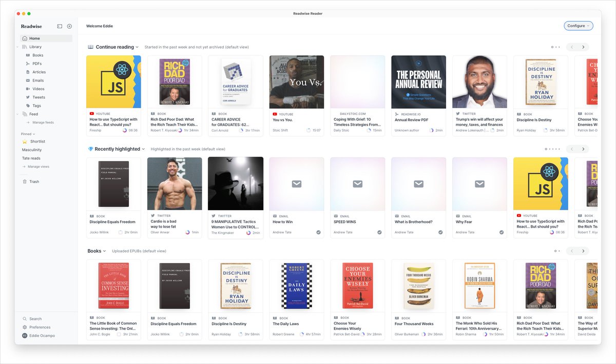 reznov0ps143's tweet image. What does your library consist of? #readwise #readwisereader #reader #jimRohn #dailymotivation #library