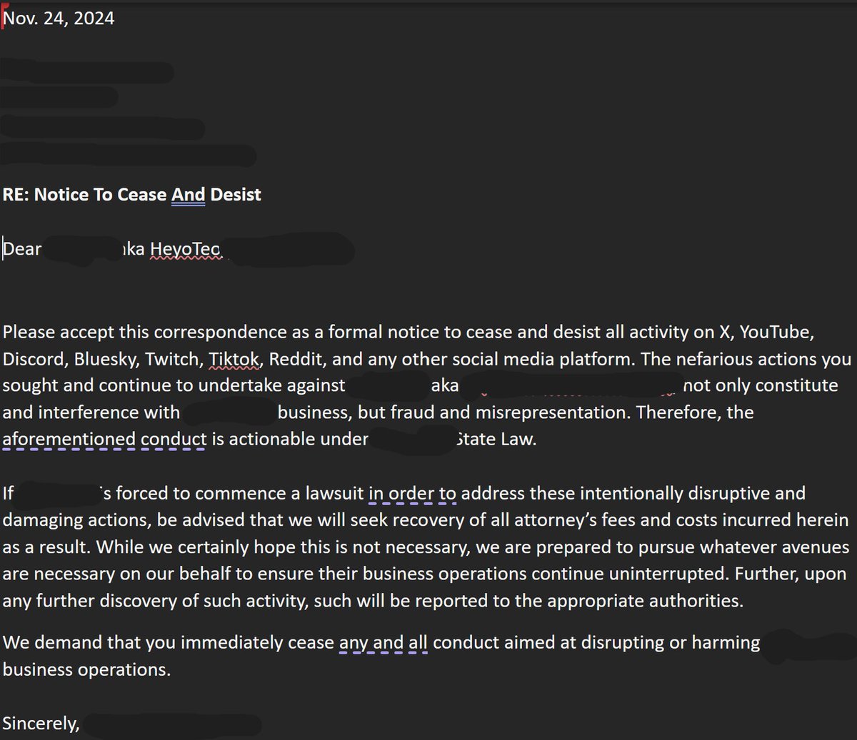 I love having a wife who went to law school, this cease and desist you emailed me is laughable

My ex, who has lied about me consistently since we split, has been unable to stop subtweeting about me, my wife, and my friends. We've been split for 9 months and you STILL won't leave