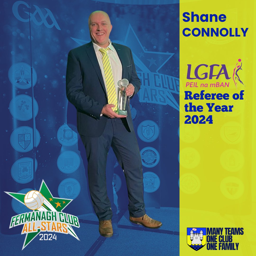 EKNGAELS's tweet photo. Congratulations to club referee Shane Connolly who picked up the LGFA referee of the year award at Friday night’s Fermanagh All-Star presentation evening. Great work Shane 🟦🟨 https://t.co/agI5vFZOZo