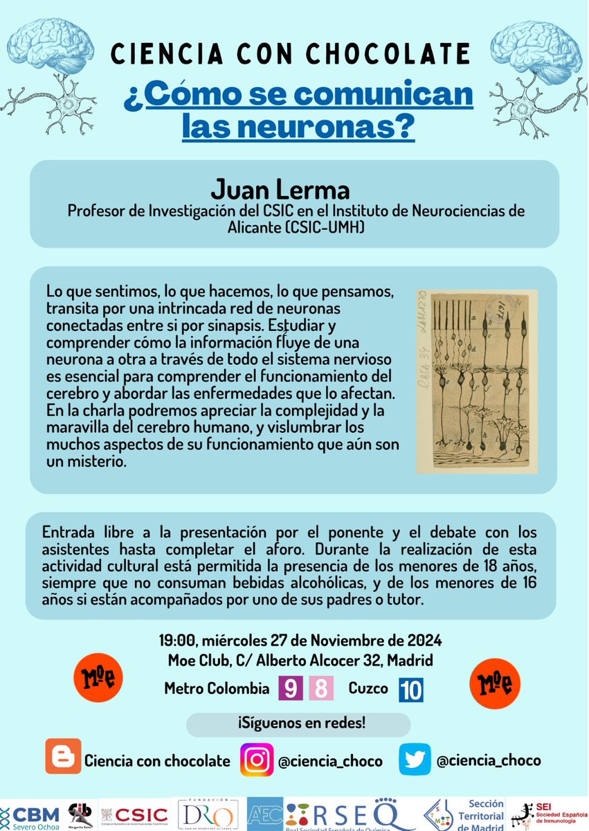 Juan Lerma (@juanlerma1) on Twitter photo El miércoles estaré en el <a href="/MOECLUB/">MOE CLUB</a> hablando sobre cómo se comunican las neuronas en el cerebro. <a href="/Ciencia_choco/">Ciencia con chocolate 🍫👨🔬</a> <a href="/NeuroAlc/">Instituto de Neurociencias UMH-CSIC</a> <a href="/CSICdivulga/">CSIC Divulga</a> El miércoles estaré en el <a href="/MOECLUB/">MOE CLUB</a> hablando sobre cómo se comunican las neuronas en el cerebro. <a href="/Ciencia_choco/">Ciencia con chocolate 🍫👨🔬</a> <a href="/NeuroAlc/">Instituto de Neurociencias UMH-CSIC</a> <a href="/CSICdivulga/">CSIC Divulga</a>