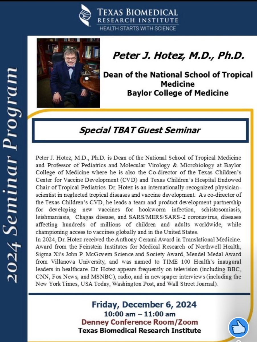 On Dec 6 I look forward to speaking ⁦<a href="/txbiomed/">Texas Biomedical Research Institute</a>⁩ on our vaccines for neglected diseases and efforts to counter rising antivaccine activism