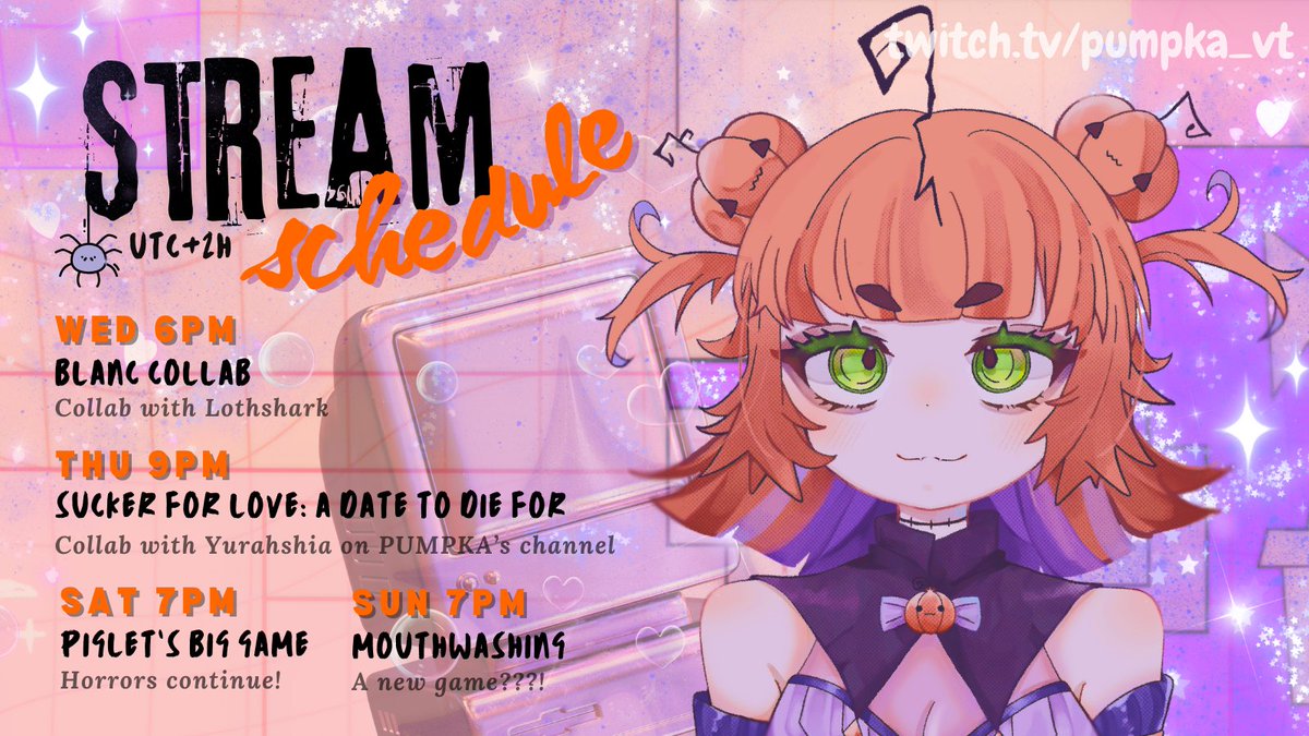 🌱🛜  #PUMPKAStream Schedule week 48  🛜🌱
🔌 Broadcasting from the following timezone: EET / UTC+2

WED 6PM 🔸 Blanc - Collab with <a href="/Lothshark/">Lothshark 🦈</a> 
THU 9PM 🔸 Sucker for Love: A Date to Die for - Collab with <a href="/yurahshia/">Yurah | Very Real Human</a> 
SAT 7PM  🔸 Piglet's Big Game
SUN 7PM 🔸 Mouthwashing