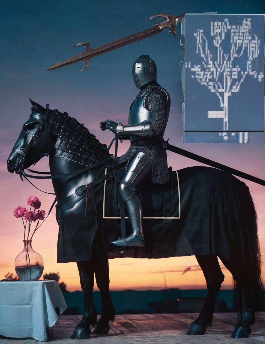 [daily prompt n°140]

A magazine ad. There is an armoured black knight on a dark horse. The knight is wearing chainmail and holding a sword. In the background, there is a sky at dusk. There is an x-ray image of a flower bucket in a vase on a table. There is a 1982 VHS tape film