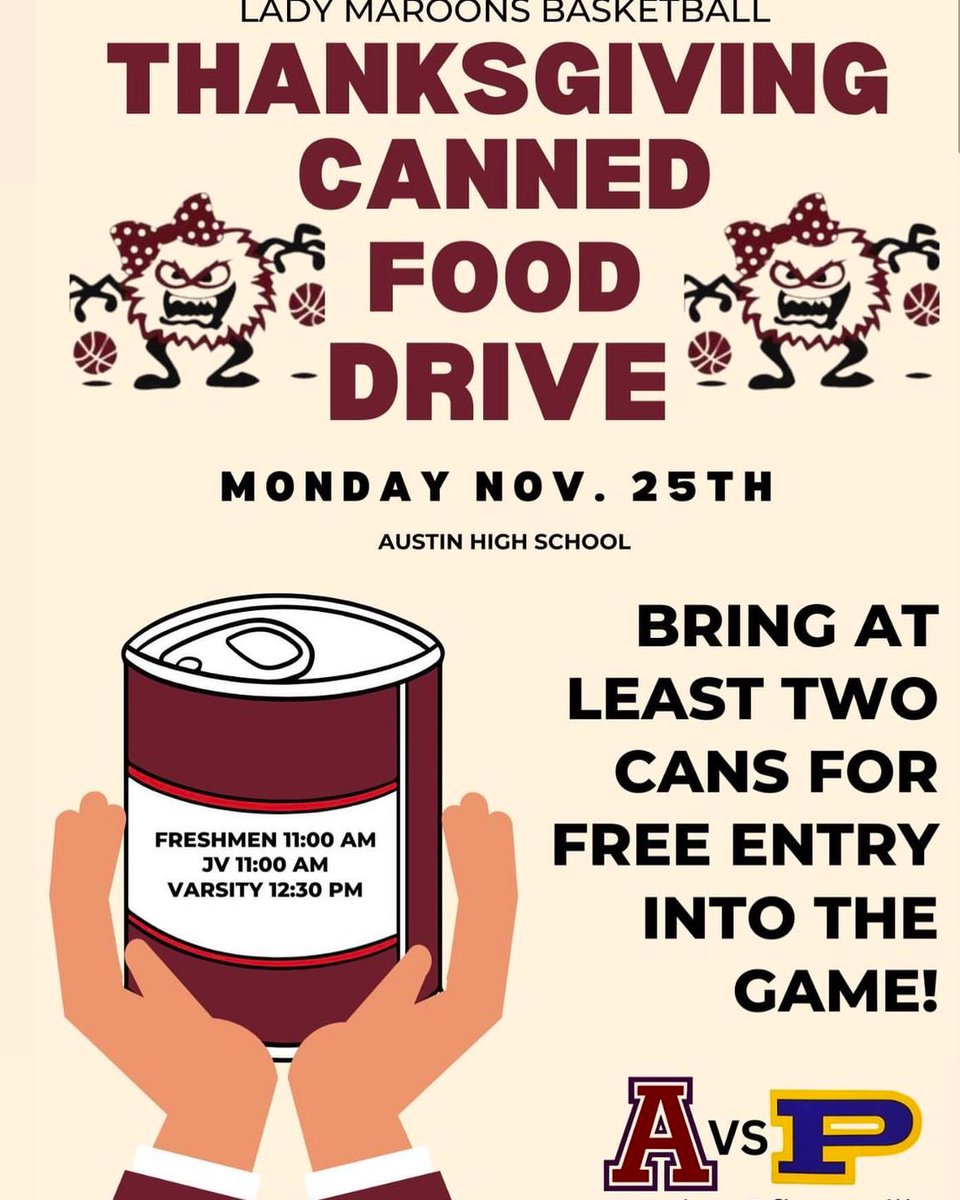 Austin High Girls Basketball (@austinhsgbb) on Twitter photo Come out tomorrow to Austin High, see us take on <a href="/PHSbball_girls/">PHS Girls Basketball</a> and help us with our food drive. 2 cans gets you free entry. JV and fresh at 11 Var at 1230 Come out tomorrow to Austin High, see us take on <a href="/PHSbball_girls/">PHS Girls Basketball</a> and help us with our food drive. 2 cans gets you free entry. JV and fresh at 11 Var at 1230