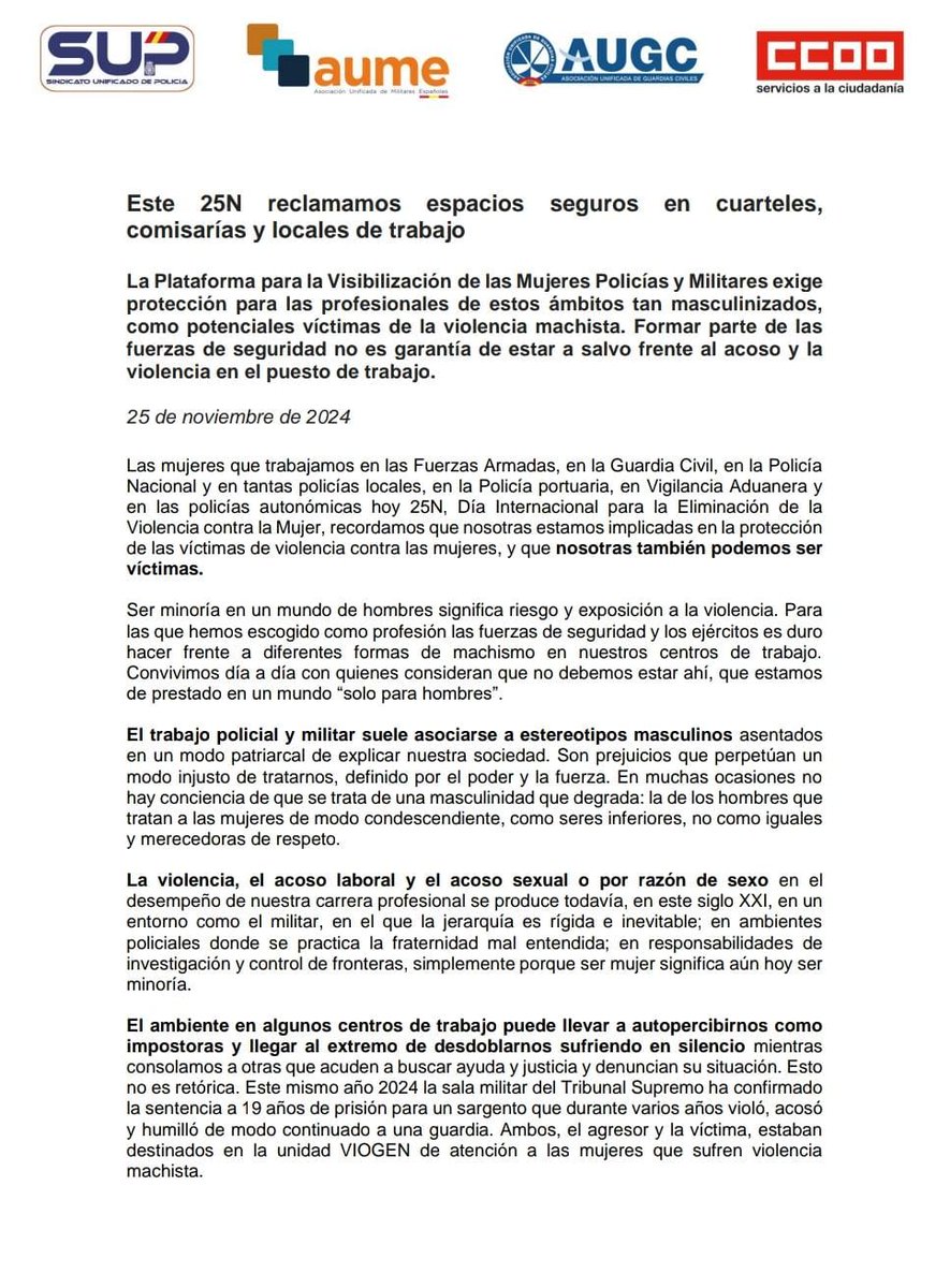 AUMEinforma's tweet photo. Este 25N reclamamos espacios seguros en cuarteles, comisarías y locales de trabajo.
@MujeresArmadas_ @AUGC_Comunica @Sup_Policia @FSCdeCCOO @AUMEinforma 
#25N Día Internacional para la Eliminación de la Violencia contra la Mujer https://t.co/VQ3O9OhqEa
