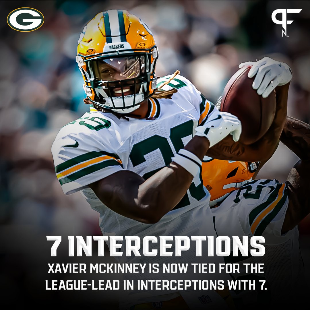 PFSN365's tweet image. Xavier McKinney is now tied for the lead for most interceptions in the NFL this season (7).

McKinney's in his first season with the Packers after spending 4 years with the Giants. The Giants defense only has one interception this season. 👀