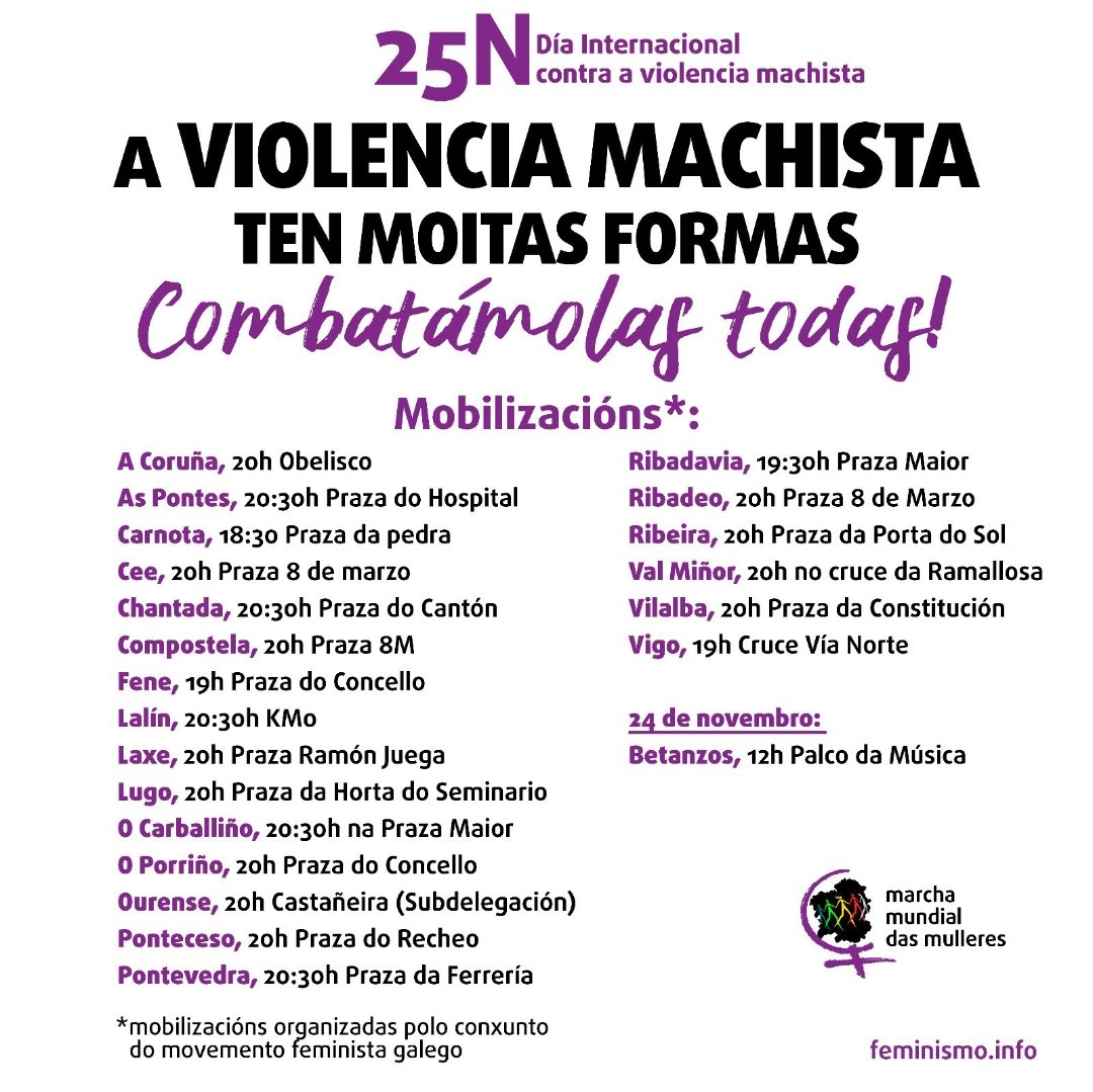 Este 25-N, Día Internacional para a eliminación da violencia contra as mulleres, participa das mobilizacións convocadas pola Marcha Mundial das Mulleres de Galiza. #25N #25novembro #díainternacionalcontraaviolenciamachista #ViolenciaMachista
