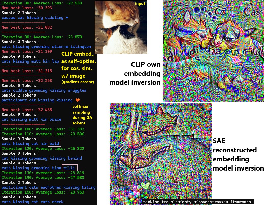 zer0int1's tweet image. Testing #sparse #autoencoder trained on #CLIP with #COCO 40k (normal (human) labels, e.g. "a cat sitting on the couch").
Yes, #SAE can generalize to CLIP's self-made #AI-opinion gradient ascent embeds.🤩
Cat getting teabagged may be legit "nearby concept" in context.😘😂
#AIart