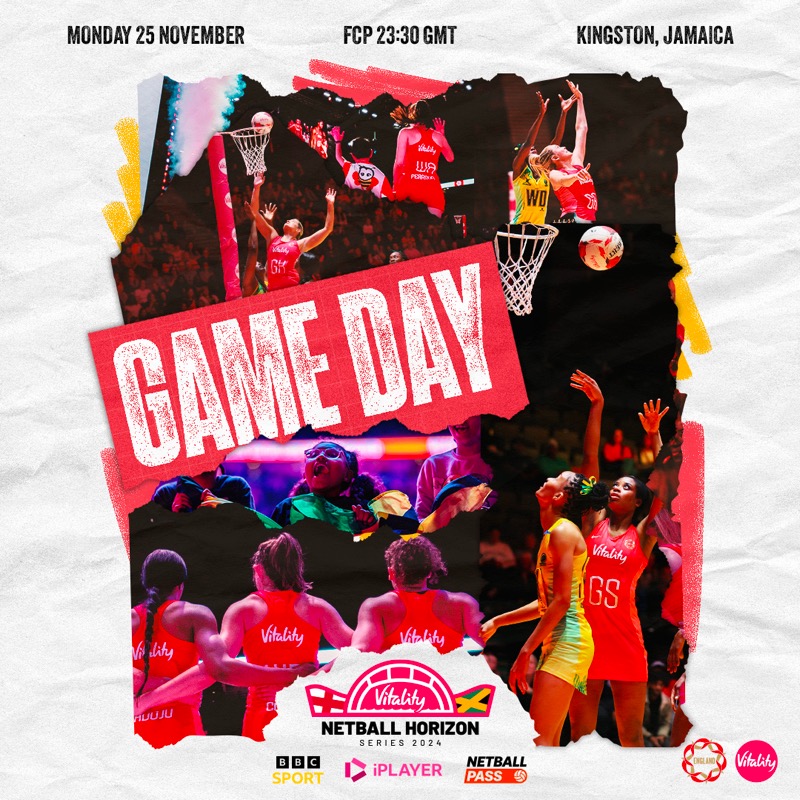 EnglandNetball's tweet photo. The @Vitality_UK Netball Horizon Series continues 💪

⏰ Set your reminders, have a power nap and get the snacks in as it's a 23:30 GMT start!

Tune in across @BBCiPlayer, the @BBCSport website and app (UK), or NetballPass (international) 💻