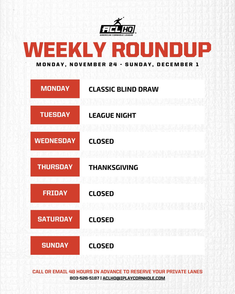 Here is a look at this week’s schedule. We will be closed Wednesday-Sunday for turkey time 🦃 Have a great Thanksgiving!