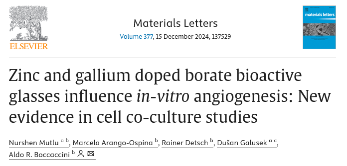 Boccaccini_Lab's tweet photo. Congrats.👏to @MutluNurshen &amp; @Marangoos for leading this interesting work on Zn &amp; Ga doped borate bioactive glasses and their in-vitro angiogenic effect. Great collaboration of @FunGlass_Centre 🇸🇰and @Boccaccini_Lab @UniFAU #OpenAccess in Mater. Letters➡️https://t.co/5AbSCRRIRS https://t.co/JYMVXwQ3tf
