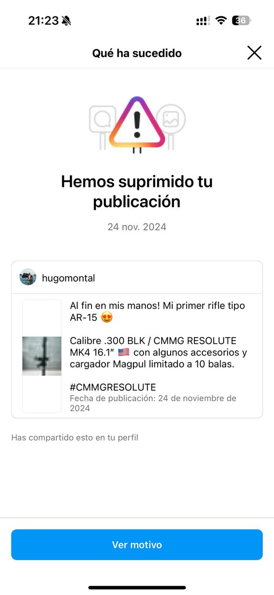 Esto es lo que recibo por postear unas fotos de un rifle mientras no paro de ver videos de guerra y demas cosas… La verdad es que flipo con Instagram

Instagram me cansa demasiado