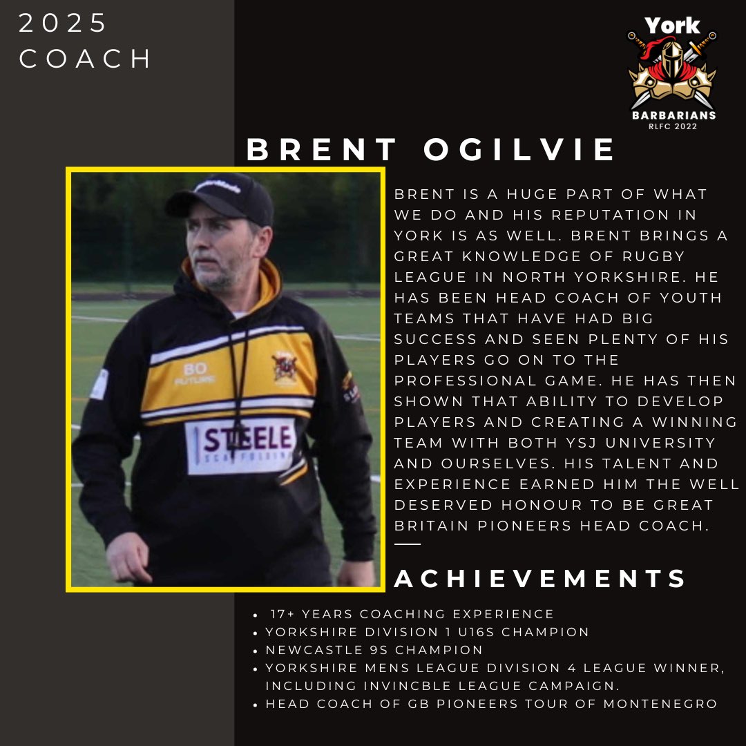 YorkBarbarians's tweet photo. We are buzzing to announce coaches Will Leatt and Brent Ogilvie are set to continue as our coaching staff for the 2025 season. 

If you want to be part of our next step and work under these fantastic coaches get in touch!🟡⚫️ https://t.co/dtXZPpBbVB