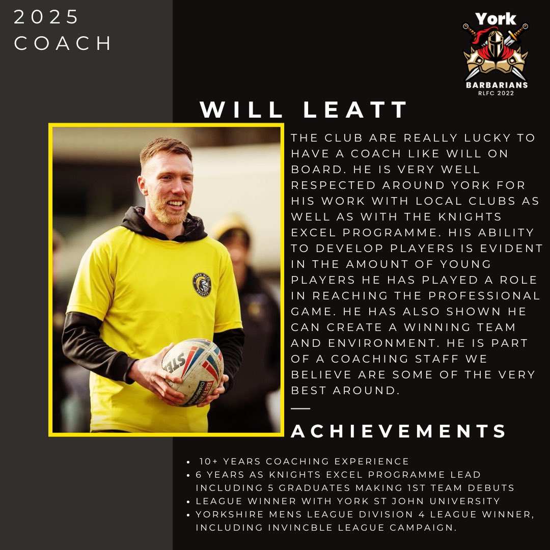 YorkBarbarians's tweet photo. We are buzzing to announce coaches Will Leatt and Brent Ogilvie are set to continue as our coaching staff for the 2025 season. 

If you want to be part of our next step and work under these fantastic coaches get in touch!🟡⚫️ https://t.co/dtXZPpBbVB