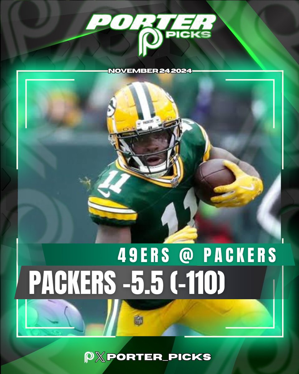 Porter_Picks's tweet photo. GREEN BAY PACKERS (-5.5) over San Francisco 49ers

This would be a larger play if Jordan Love would have not thrown an interception in his last several games and protect the football. With that being said the Packers do have revenge from losing to the 49ers last season in the post season and I believe they were caught looking ahead to this game this week after barely getting by in Chicago last week due to a blocked field goal. Also, this line opened up at (-2) and has now shifted to (-5.5) as of yesterday due to the fact that DE Nick Bosa and most importantly QB Brock Purdy are both OUT for this game. According to my sources, the public is still backing the 49ers here heavily with over 70% tickets here in Vegas which is shocking. 👀 I believe the Packers win this game comfortably IF they limit the turnovers offensively and the fact that they are playing in the cold weather and keep in mind too that the Packers are 9-3 straight-up in their last 12 meetings against the 49ers at HOME winning by close to double-digits. I know it’s hard to see this 49ers team drop to 5-6, however this team is banged up and have lost several players for the season and I just don’t see them slowing down this Packers offense that has a ton of weapons and are just finding ways to win ball games this season.