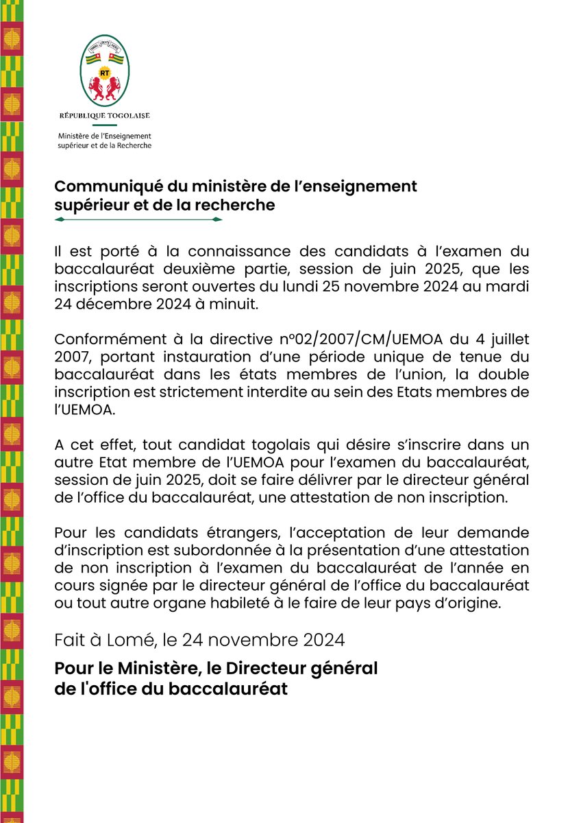 📢 Inscriptions Baccalauréat 2025 : Ouverture des inscriptions du 25 novembre au 24 décembre 2024 ! 🎓Retrouvez toutes les infos essentielles dans le communiqué officiel. #BacTogo2025 #MESR