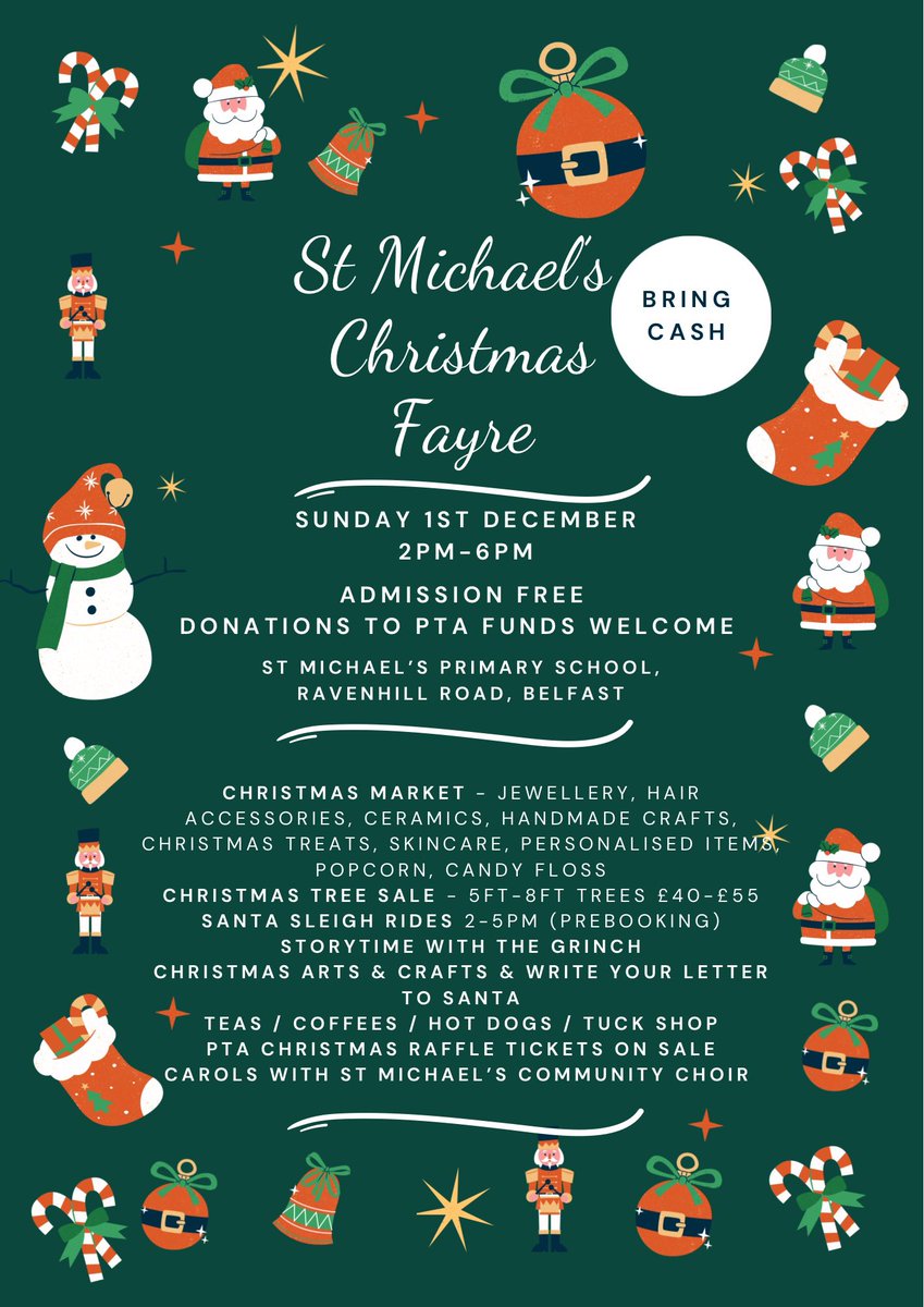 Only one week until the St. Michael’s Primary School Christmas Fayre, taking place on Sunday, December 1st, from 2 PM to 6 PM on the school grounds.

Please remember to bring cash, and any donations to the PTA funds are greatly appreciated!