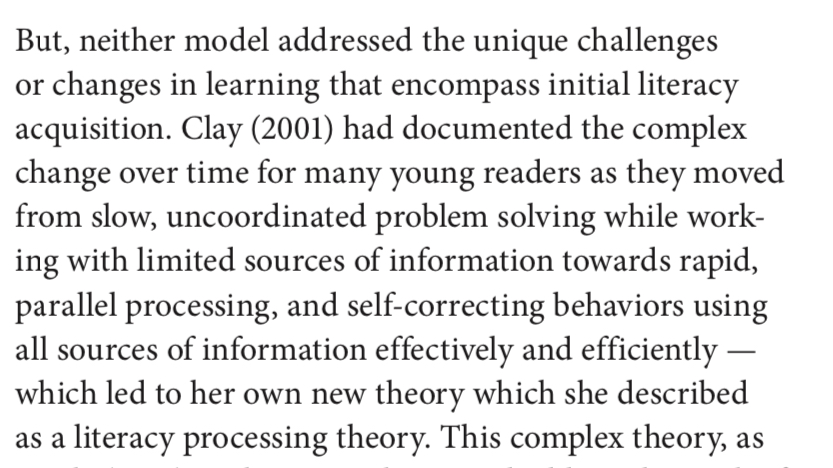 “Clay's literacy processing theory is complex &amp; multifaceted, &amp; she cautioned that "if literacy teaching only brings a simple theory to a set of complex activities, then the learner has to bridge the gaps created by the simplification" (2015, p. 105)...tinyurl.com/shene89r